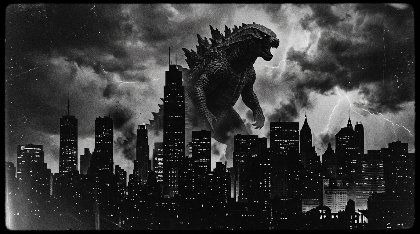 Godzilla erhebt sich über einer nächtlichen Skyline – atmosphärisches Schwarz-Weiß-Motiv im Stil eines klassischen Monsterfilms